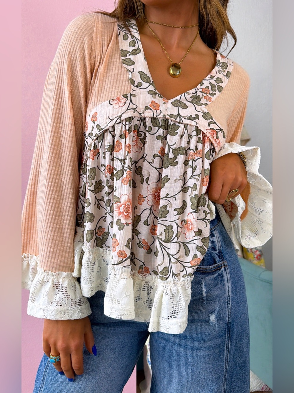 Pol Clothing Patchwork Ruffle Top Size Small V Neck Floral Lace Long Sleeve